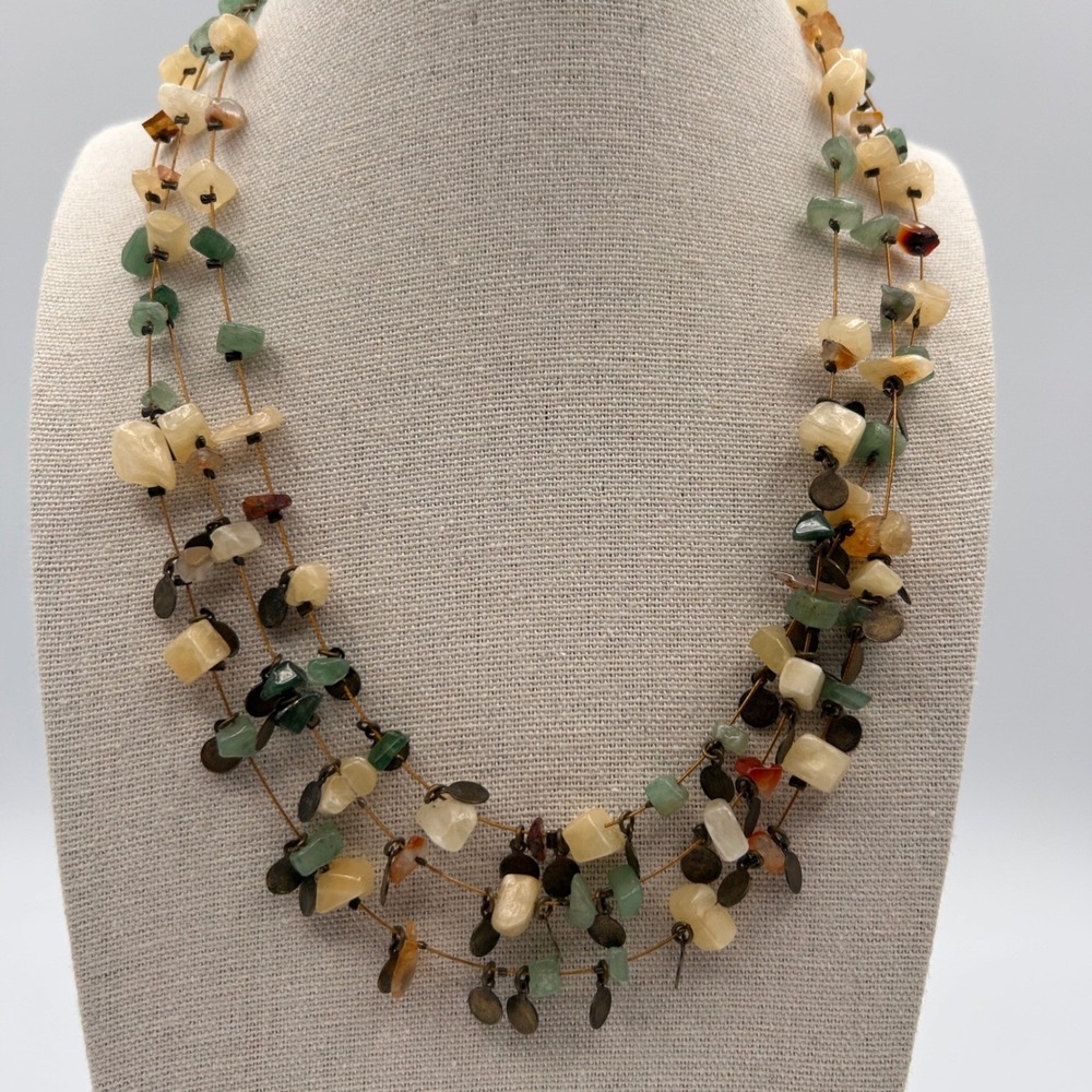 Boho Triple Strand Stone Chip Necklace Bronze Coin Charms Multi Layer Earth Tone